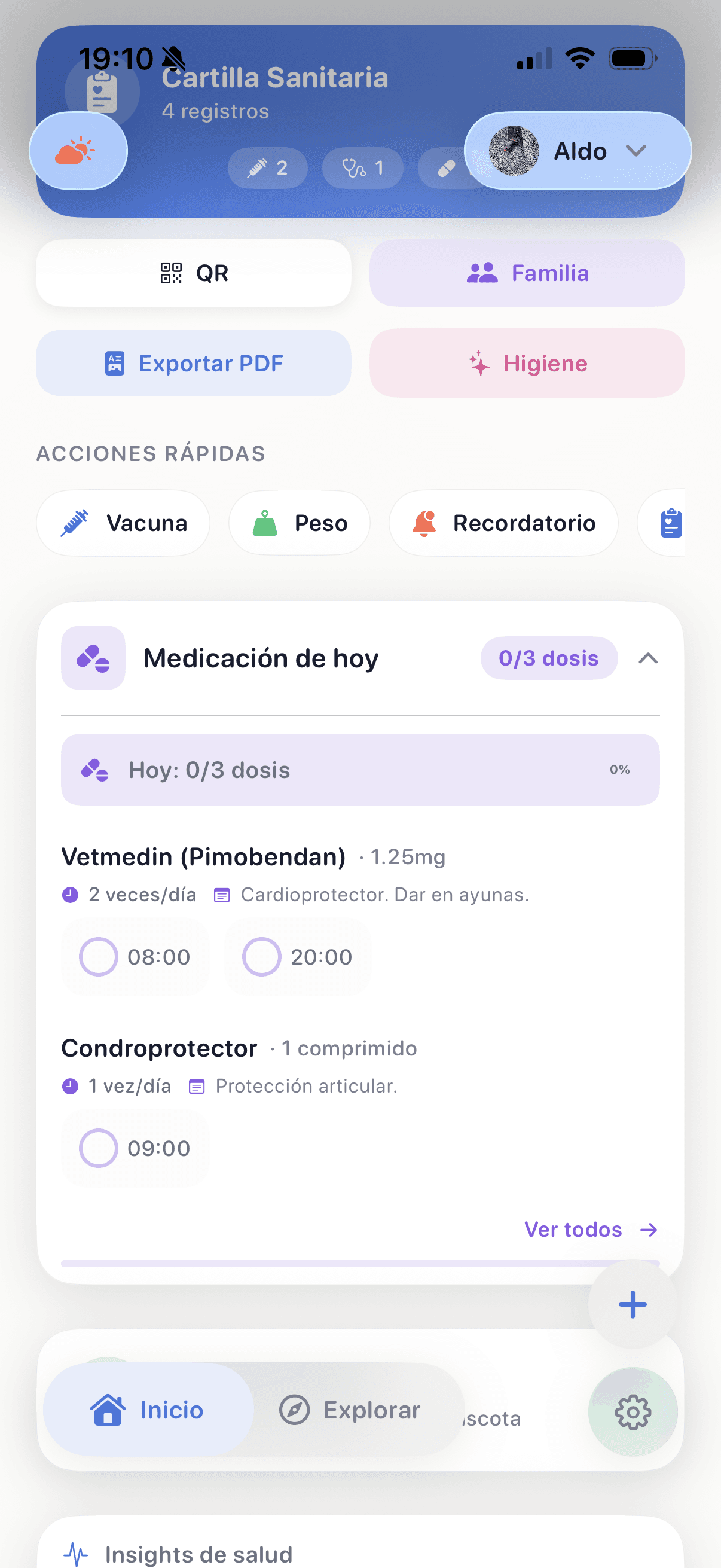 Medicación del día con horarios y recordatorios